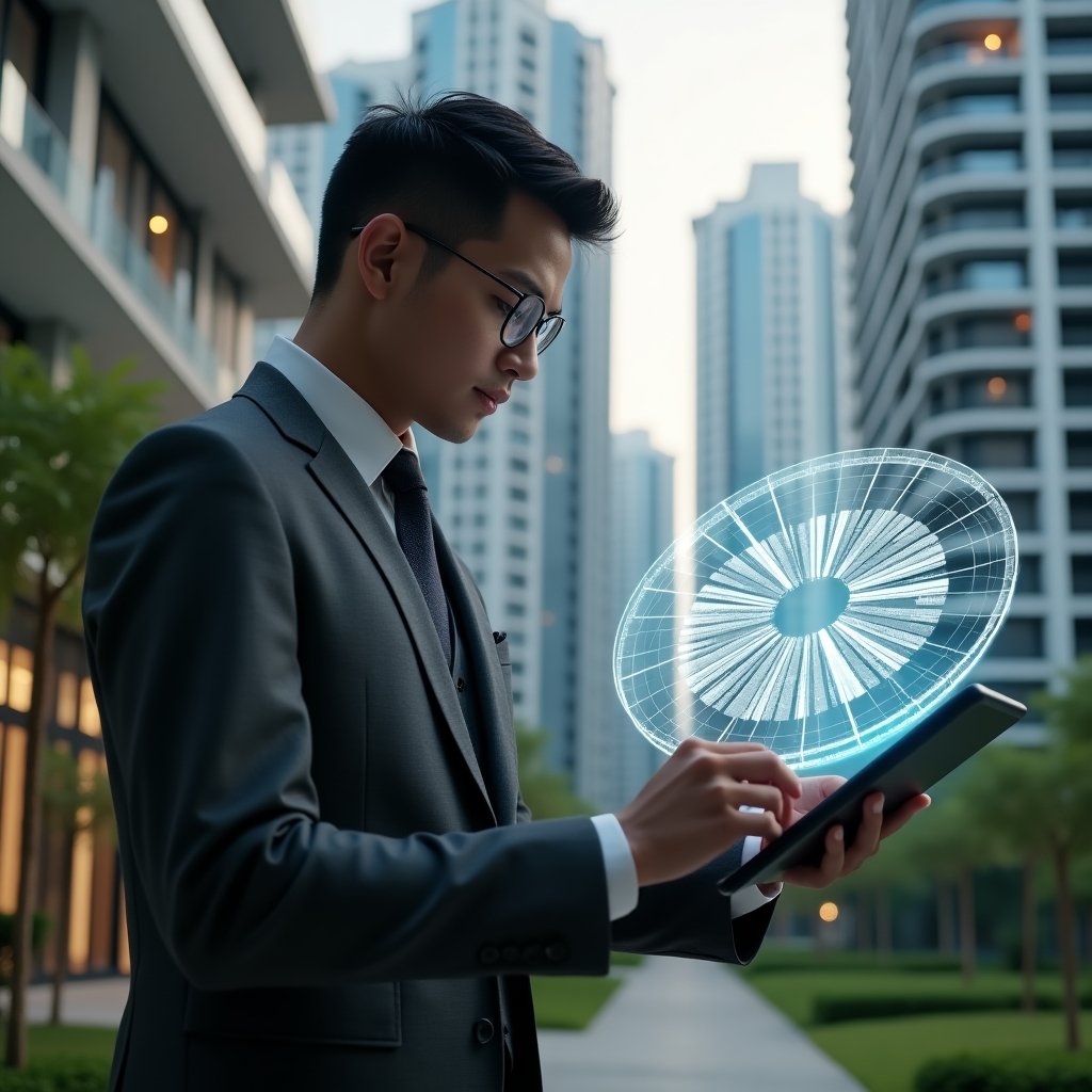Ultra-realistic condominium manager in a charcoal gray suit, set in a modern luxury condominium environment with high-rise buildings and lush green landscaping, examining a holographic pie chart of unit fractions floating above a tablet, confident and thoughtful expression, symbolic transparent building floorplans projected beside them, cinematic lighting, shallow depth of field, highly detailed textures, realistic skin, photographic realism, 8k resolution --ar 1:1 --v 6