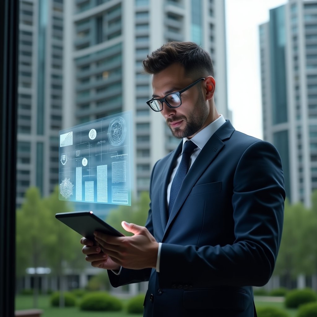(Ultra-realistic condominium manager in a tailored navy suit, set in a modern luxury condominium environment with high-rise buildings and green landscaping, examining a holographic budget chart floating above a tablet in his hands, confident and focused expression, holographic icons of coins and blueprints surrounding him, cinematic lighting, shallow depth of field, highly detailed textures, realistic skin, photographic realism, 8k resolution --ar 1:1 --v 6)