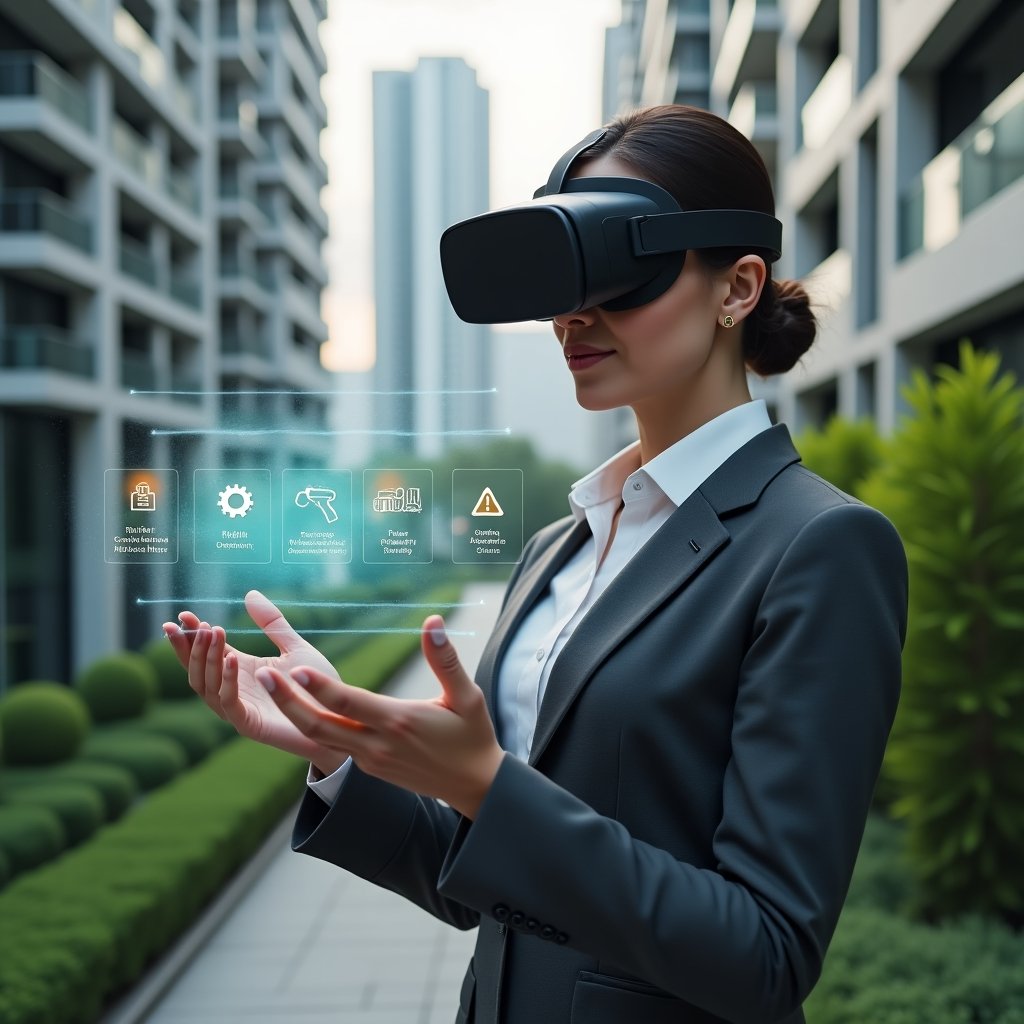 (Ultra-realistic condominium manager in a charcoal gray suit, set in a modern luxury condominium environment with high-rise buildings and lush green landscaping, examining a holographic activity schedule floating before them, confident and focused expression, holographic icons of maintenance tools and assembly alerts surrounding the schedule, cinematic lighting, shallow depth of field, highly detailed textures, realistic skin, photographic realism, 8k resolution --ar 1:1 --v 6)