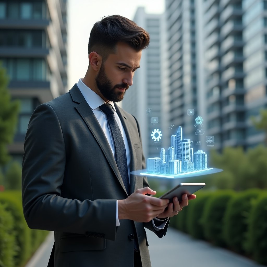 Ultra-realistic condominium manager in a charcoal gray executive suit, set in a modern luxury condominium environment with high-rise buildings and meticulously maintained green landscaping, holding a tablet and thoughtfully analyzing a holographic app interface displaying charts and building icons, holographic floating icons of a mobile app and gear symbolizing digital management, confident and focused expression, cinematic lighting, shallow depth of field, highly detailed textures, realistic skin, photographic realism, 8k resolution --ar 1:1 --v 6