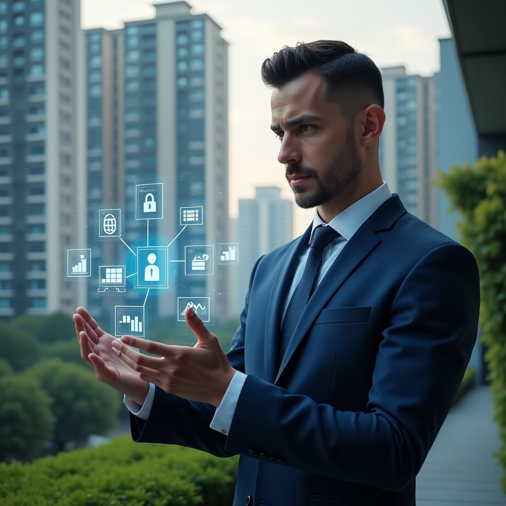 Ultra-realistic condominium manager in a dark blue tailored suit, set in a modern luxury condominium environment with high-rise buildings and green landscaping, examining a floating holographic interface displaying app icons, security locks and analytics graphs with a confident, focused expression, cinematic lighting, shallow depth of field, highly detailed textures, realistic skin, photographic realism, 8k resolution --ar 1:1 --v 6