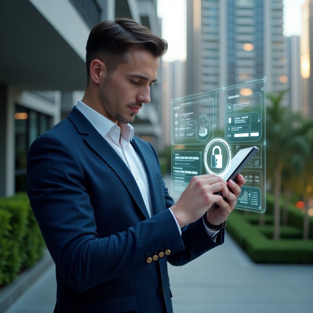 (Ultra-realistic condominium manager in a navy blue suit, set in a modern luxury condominium environment with high-rise buildings and manicured green gardens, analyzing a floating holographic condominium management app interface displaying security padlock icon, data charts and reservation calendar, cinematic lighting, shallow depth of field, highly detailed textures, realistic skin, photographic realism, 8k resolution --ar 1:1 --v 6)