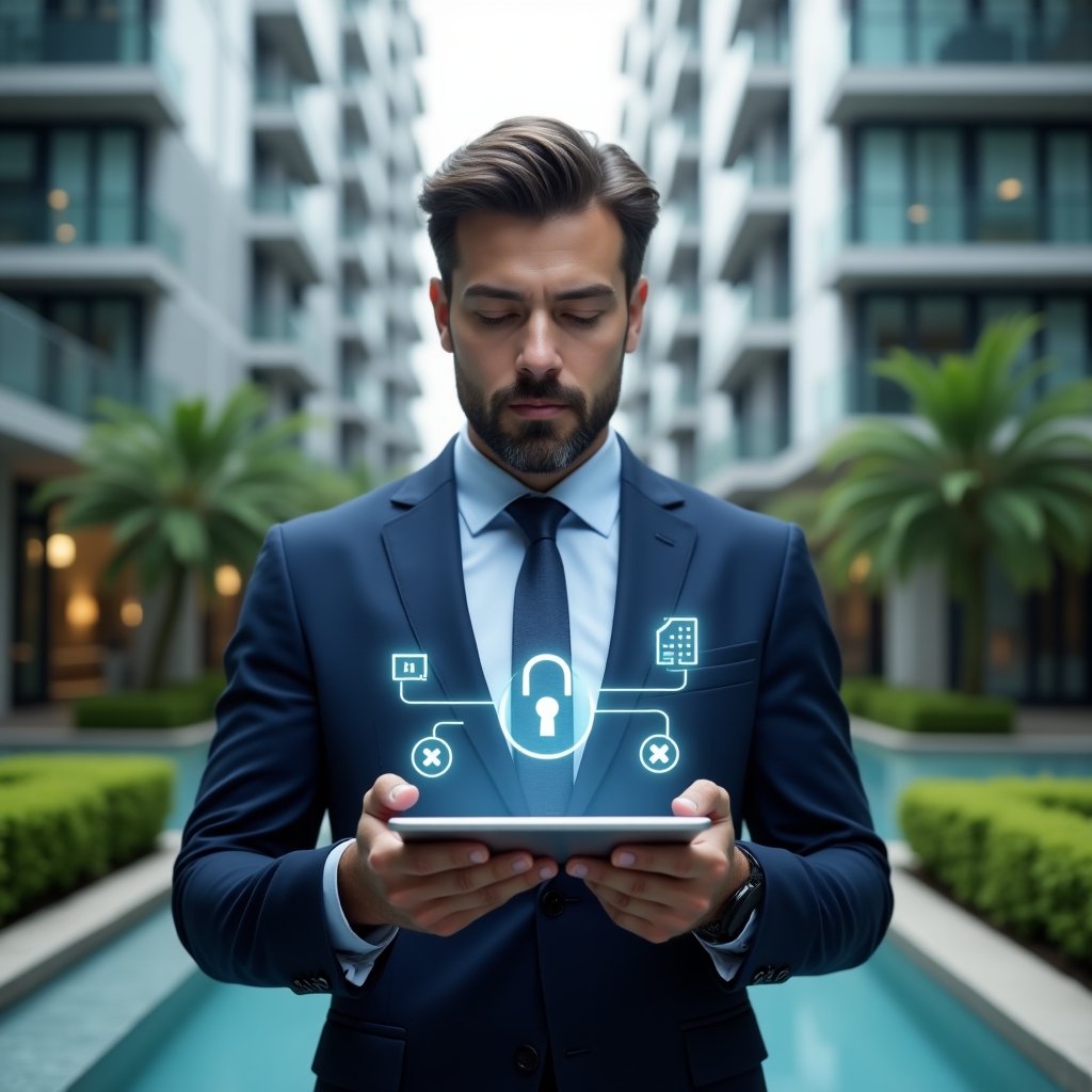 Ultra-realistic property manager in a navy suit, set in a modern luxury condominium environment with high-rise buildings and lush green landscaping, mid-shot showing the manager holding a digital tablet with a holographic interface displaying charts and app icons, floating semi-transparent icons representing security locks, financial graphs and transparency symbols, cinematic lighting, shallow depth of field, highly detailed textures, realistic skin, photographic realism, 8k resolution --ar 1:1 --v 6
