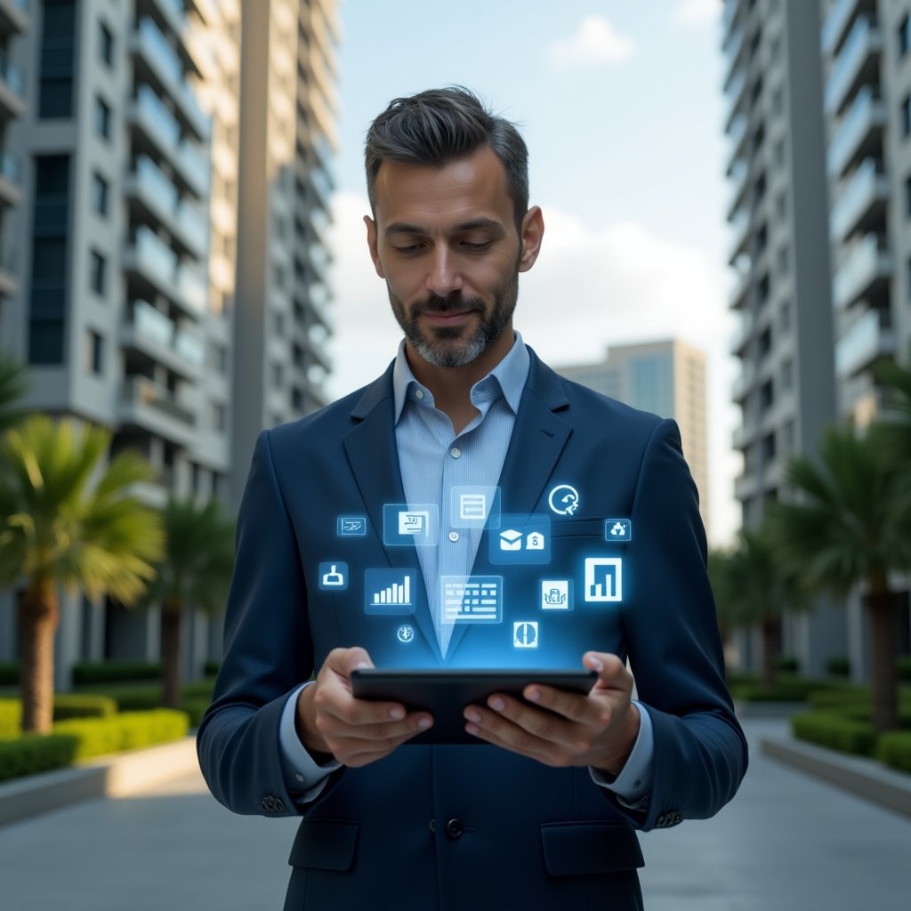 Ultra-realistic condominium manager in a navy blue tailored suit, set in a modern luxury condominium environment with high-rise buildings and manicured green landscaping, standing in a medium shot while holding a tablet displaying floating holographic app icons and analytics charts, confident and focused expression, holographic interface elements symbolizing financial management and internal communication, cinematic lighting, shallow depth of field, highly detailed textures, realistic skin, photographic realism, 8k resolution --ar 1:1 --v 6