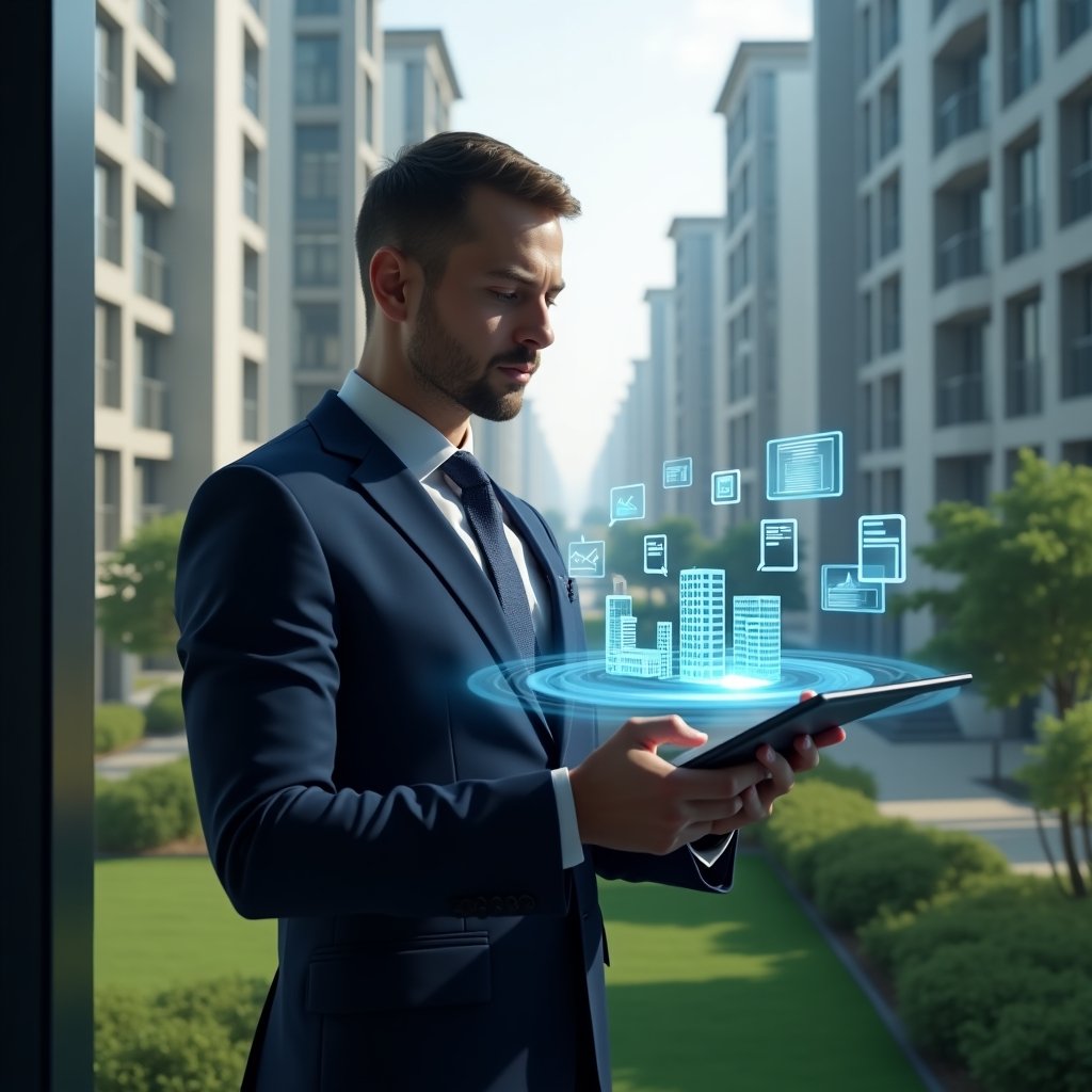 (Ultra-realistic condominium manager in a tailored navy suit, set in a modern luxury condominium environment with high-rise buildings and lush green landscaping, confidently examining a holographic condominium management app interface projected from a tablet, floating icons of buildings, charts and communication bubbles symbolizing efficient administration, cinematic lighting, shallow depth of field, highly detailed textures, realistic skin, photographic realism, 8k resolution --ar 1:1 --v 6)