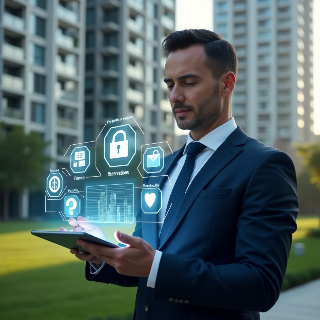 (Ultra-realistic condominium manager in a tailored navy suit, set in a modern luxury condominium environment with high-rise buildings and manicured green lawns, mid-shot holding a transparent tablet projecting a holographic condominium management dashboard, confidently tapping on icons for finances, reservations and security, futuristic holographic symbols of charts and lock icons floating beside, cinematic lighting, shallow depth of field, highly detailed textures, realistic skin, photographic realism, 8k resolution --ar 1:1 --v 6)