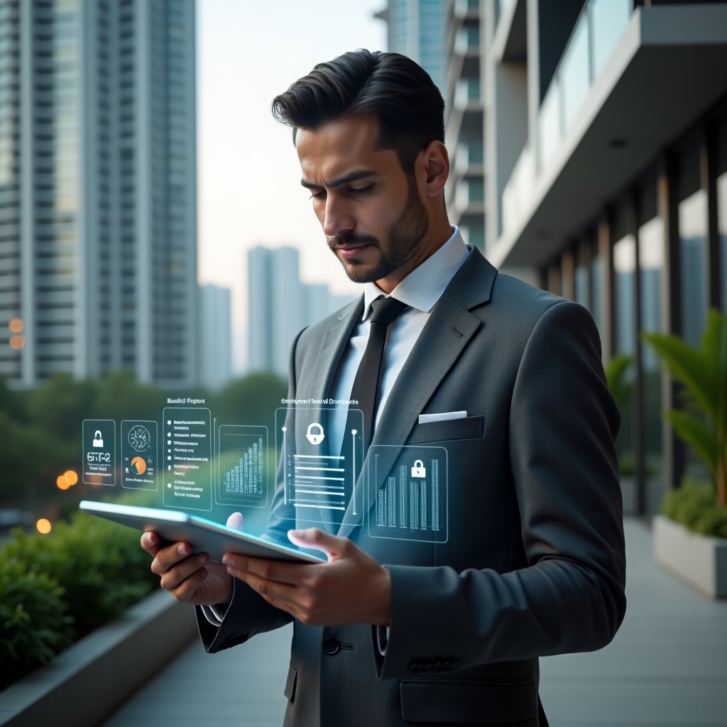 (Ultra-realistic condominium manager in a charcoal gray executive suit, set in a modern luxury condominium environment with high-rise buildings and meticulously landscaped greenery, holding a transparent tablet displaying a holographic dashboard of condo management app icons, analyzing data with a focused and confident expression, holographic graphs and security lock icons floating beside, cinematic lighting, shallow depth of field, highly detailed textures, realistic skin, photographic realism, 8k resolution --ar 1:1 --v 6)