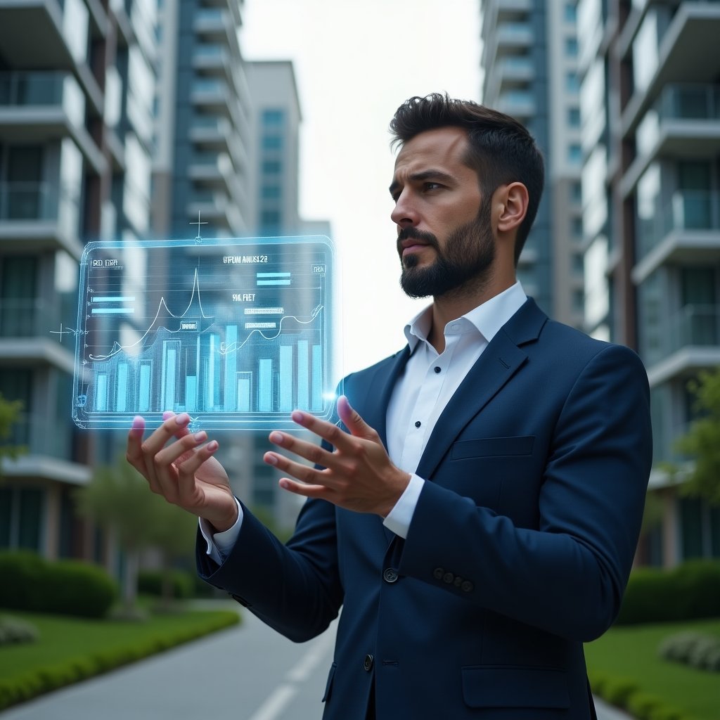 Ultra-realistic property manager in a tailored dark blue suit with a crisp white shirt, set in a modern luxury condominium environment with high-rise buildings and manicured green landscaping, analyzing a floating holographic dashboard showing building plans and ROI charts, confident and thoughtful expression, cinematic lighting, shallow depth of field, highly detailed textures, realistic skin, photographic realism, 8k resolution --ar 1:1 --v 6