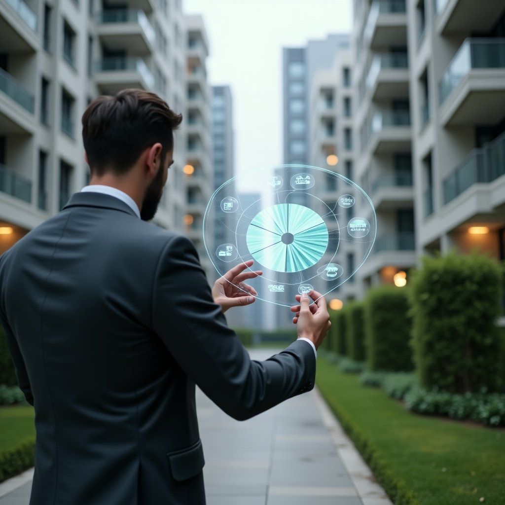 Ultra-realistic condominium manager in a charcoal gray suit, set in a modern luxury condominium environment with high-rise buildings and manicured green landscaping, examining a holographic pie chart of expense fractions floating before them, holographic icons of money and percentage symbols orbiting the chart, cinematic lighting, shallow depth of field, highly detailed textures, realistic skin, photographic realism, 8k resolution --ar 1:1 --v 6