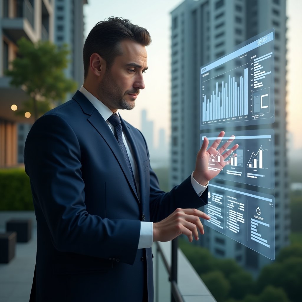 Ultra-realistic condominium manager in a navy executive suit, set in a modern luxury condominium environment with high-rise buildings and manicured gardens, examining a holographic touchscreen interface displaying billing charts, reservation calendar icons, and accounting graphs, looking confident and focused, cinematic lighting, shallow depth of field, highly detailed textures, realistic skin, photographic realism, 8k resolution --ar 1:1 --v 6