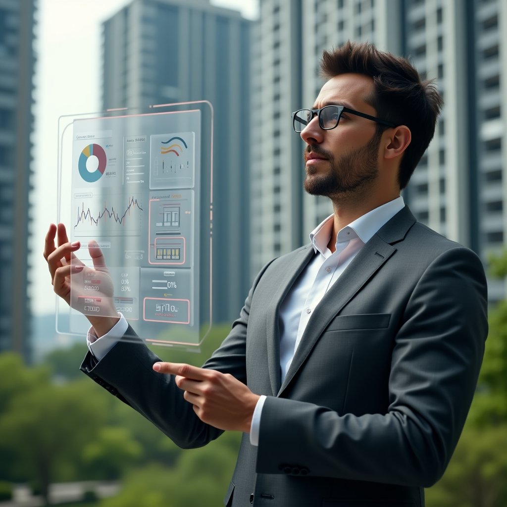 (Ultra-realistic condominium manager in a charcoal gray suit, set in a modern luxury condominium environment with high-rise buildings and lush green landscaping, examining a floating holographic breakdown of ordinary and extraordinary expense charts with pie graphs and line diagrams, pointing thoughtfully at highlighted cost categories, holographic receipt icons and digital ledger symbols surrounding them, expressive confident and focused demeanor, cinematic lighting, shallow depth of field, highly detailed textures, realistic skin, photographic realism, 8k resolution --ar 1:1 --v 6)