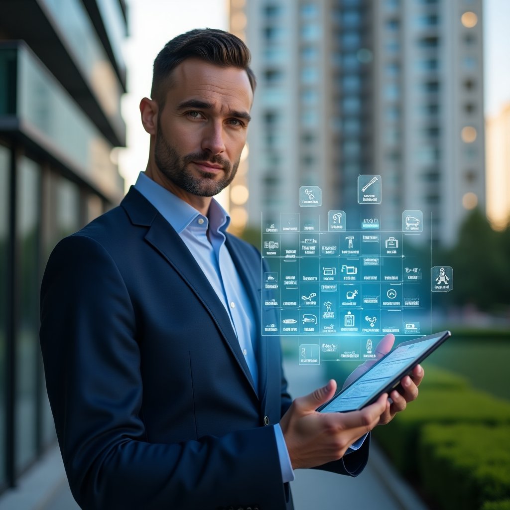 (Ultra-realistic condominium manager in a tailored navy blue suit, set in a modern luxury condominium environment with high-rise glass buildings and manicured green landscaping, holding a tablet displaying a holographic annual calendar schedule, reviewing tasks with a confident and focused expression, floating icons of tools, cleaning equipment and meeting symbols around the hologram, cinematic lighting, shallow depth of field, highly detailed textures, realistic skin, photographic realism, 8k resolution --ar 1:1 --v 6)