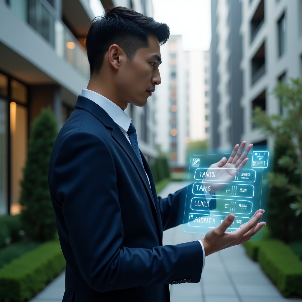 (Ultra-realistic condominium manager in a navy blue executive suit, set in a modern luxury condominium environment with high-rise buildings and well-manicured gardens, holding a glowing holographic task schedule in mid-air while reviewing a digital checklist, futuristic holographic calendar icons floating around, confident and focused expression, cinematic lighting, shallow depth of field, highly detailed textures, realistic skin, photographic realism, 8k resolution --ar 1:1 --v 6)