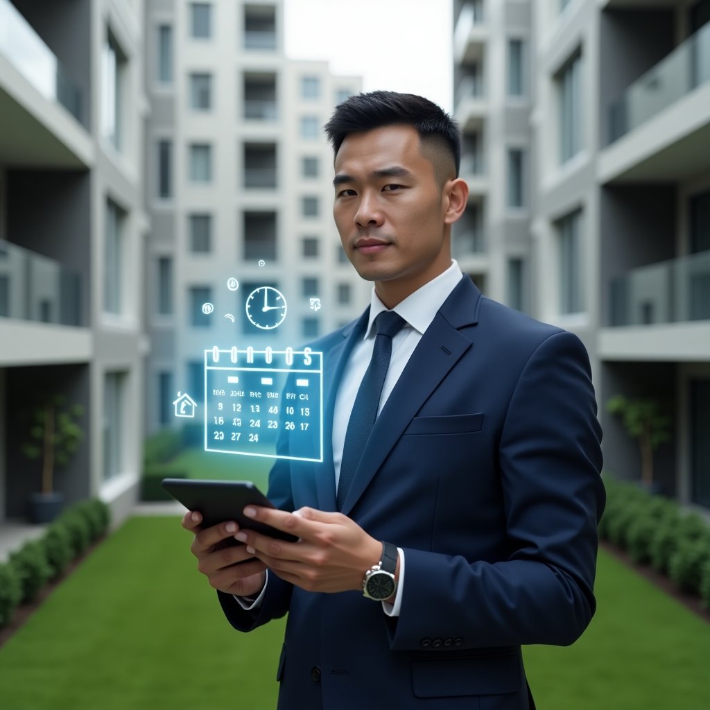 (Ultra-realistic condominium manager in a tailored navy suit, set in a modern luxury condominium environment with high-rise buildings and manicured green landscaping, holding a digital tablet displaying a holographic activity schedule, confident and focused expression, floating calendar and clock icons symbolizing task planning, cinematic lighting, shallow depth of field, highly detailed textures, realistic skin, photographic realism, 8k resolution --ar 1:1 --v 6)