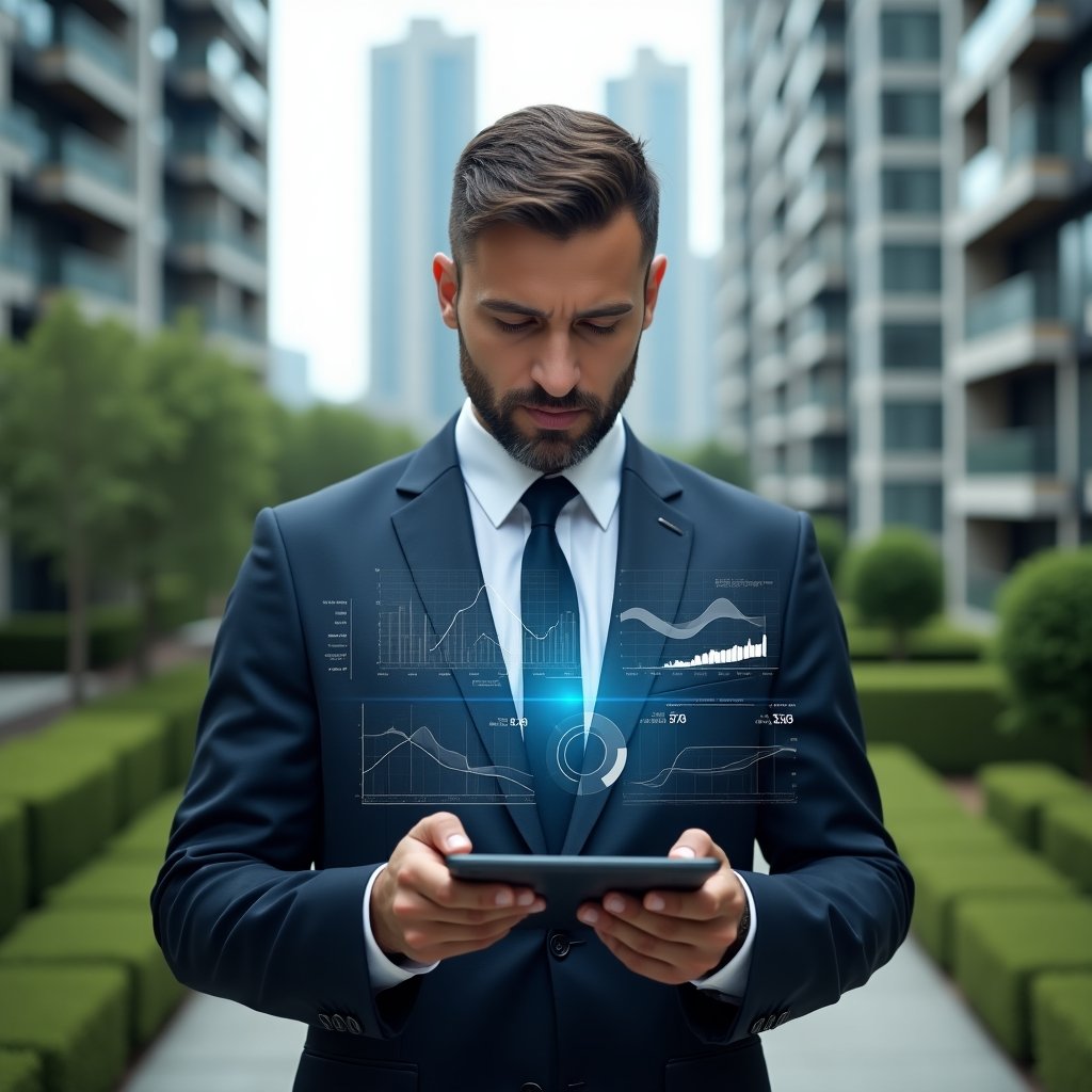 (Ultra-realistic condominium manager in a tailored navy suit, set in a modern luxury condominium environment with high-rise buildings and manicured green landscaping, mid-shot of a focused professional analyzing floating holographic financial charts above a tablet, symbolizing clear and transparent accounting, cinematic lighting, shallow depth of field, highly detailed textures, realistic skin, photographic realism, 8k resolution --ar 1:1 --v 6)
