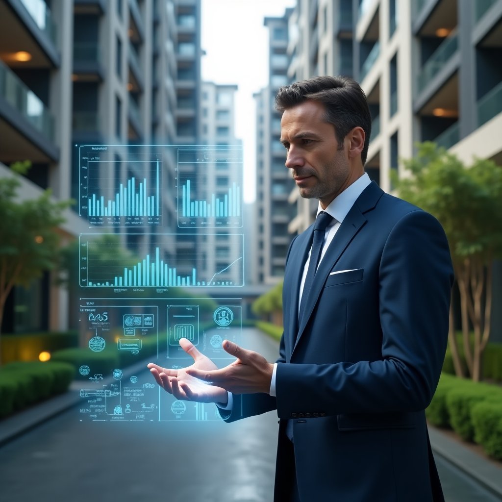 Ultra-realistic condominium manager in a navy blue suit, set in a modern luxury condominium environment with high-rise buildings and manicured green landscaping, analyzing a holographic real-time financial report with floating charts and graphs, confident and focused expression, cinematic lighting, shallow depth of field, highly detailed textures, realistic skin, photographic realism, 8k resolution --ar 1:1 --v 6