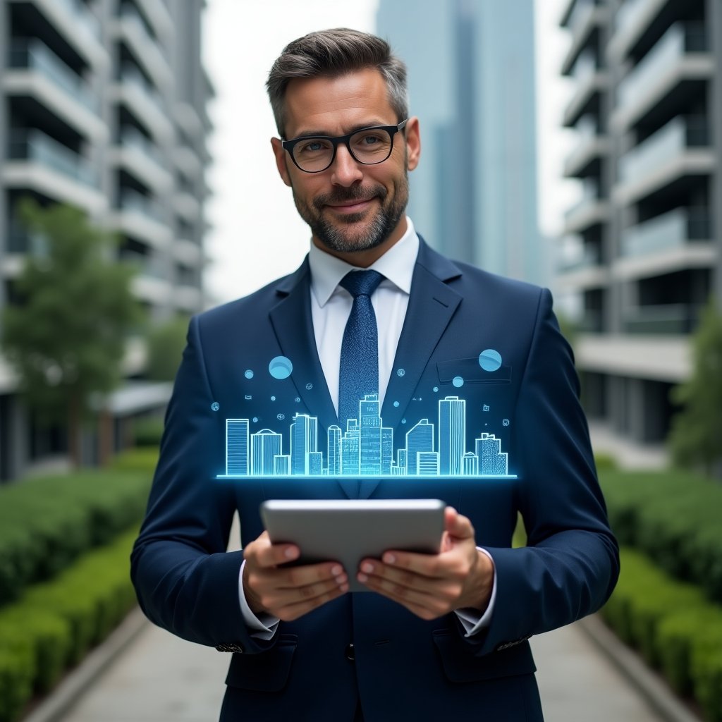 Ultra-realistic condominium manager in a navy blue business suit, set in a modern luxury condominium environment with high-rise buildings and well-manicured green landscaping, holding a digital tablet displaying a holographic condo management dashboard, holographic icons of buildings and charts floating around, confident expression, cinematic lighting, shallow depth of field, highly detailed textures, realistic skin, photographic realism, 8k resolution --ar 1:1 --v 6