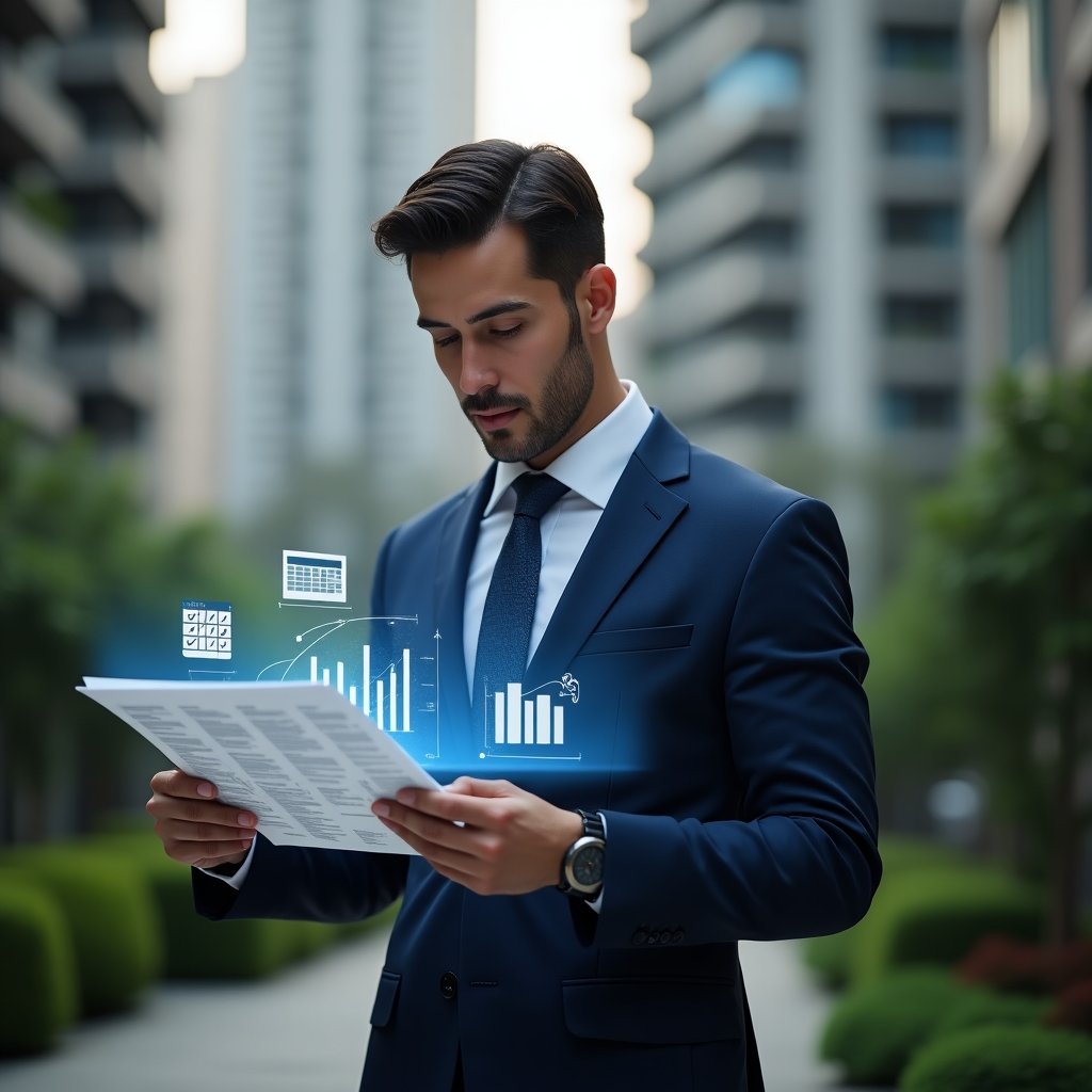 (Ultra-realistic condominium manager in a navy blue tailored suit, set in a modern luxury condominium environment with high-rise buildings and manicured green landscaping, analyzing a holographic monthly financial report with floating spreadsheets, graphs and a checklist icon, confident and focused expression, cinematic lighting, shallow depth of field, highly detailed textures, realistic skin, photographic realism, 8k resolution --ar 1:1 --v 6)