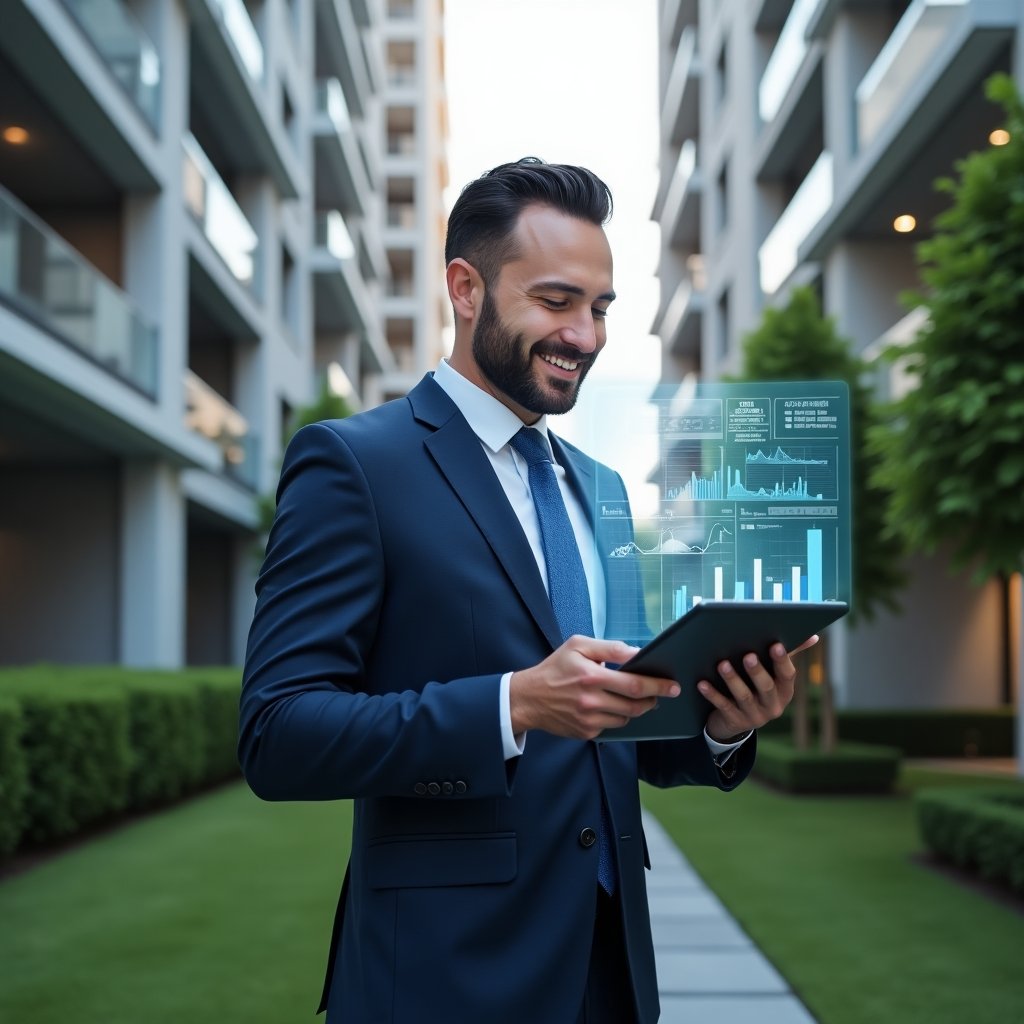 (Ultra-realistic condominium manager in a tailored navy blue suit, set in a modern luxury condominium environment with high-rise buildings and manicured green landscaping, reviewing a digital financial report on a sleek tablet with a confident smile, surrounded by floating holographic charts and graphs symbolizing transparent accounting, cinematic lighting, shallow depth of field, highly detailed textures, realistic skin, photographic realism, 8k resolution --ar 1:1 --v 6)
