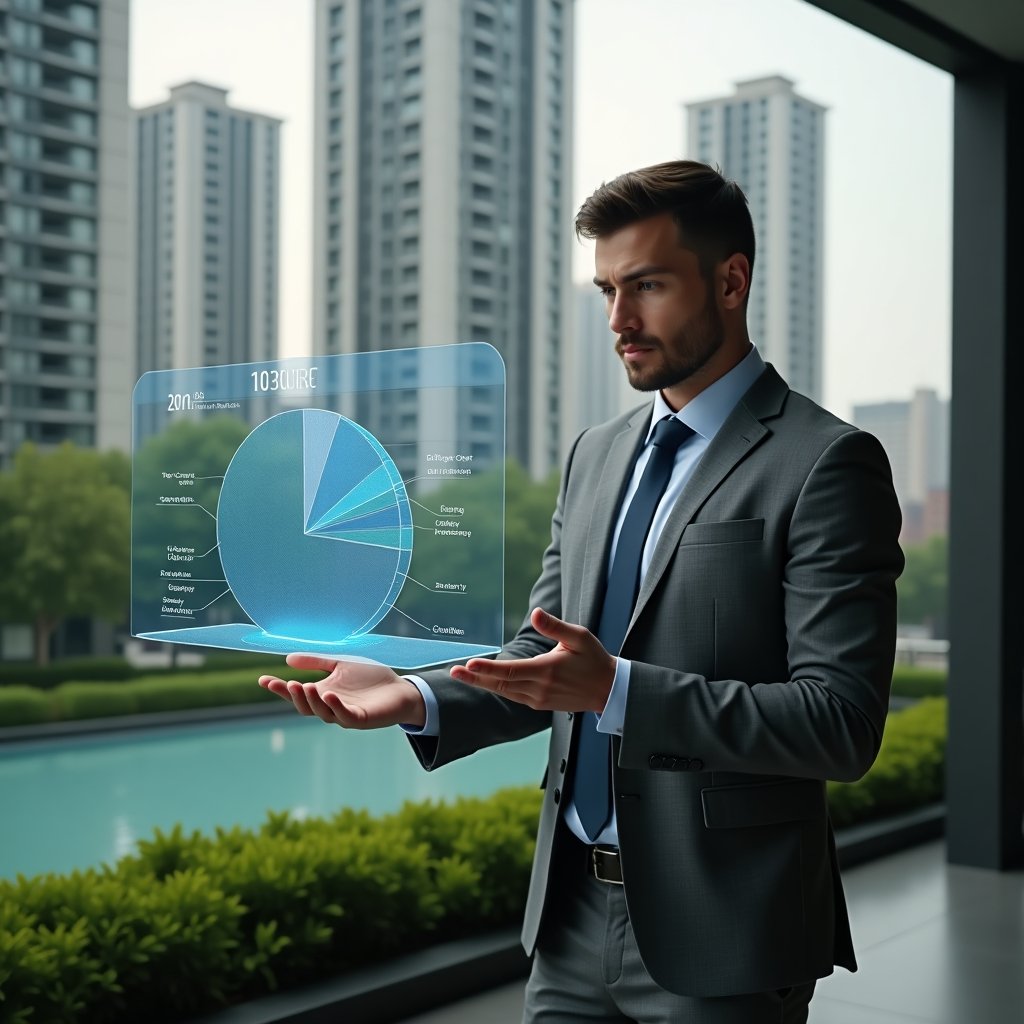 Ultra-realistic condominium manager in a charcoal gray suit, set in a modern luxury condominium environment with high-rise buildings and manicured green landscaping, examining a floating holographic pie chart showing a 30% reduction in expenses, confident and focused expression, cinematic lighting, shallow depth of field, highly detailed textures, realistic skin, photographic realism, 8k resolution --ar 1:1 --v 6