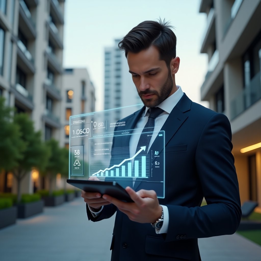 Ultra-realistic condominium manager in a tailored navy suit, set in a modern luxury condominium environment with high-rise buildings and manicured green landscaping, medium shot of a confident building manager examining holographic financial charts floating above a tablet, contract icon and budget graph elements glowing beside them, cinematic lighting, shallow depth of field, highly detailed textures, realistic skin, photographic realism, 8k resolution --ar 1:1 --v 6