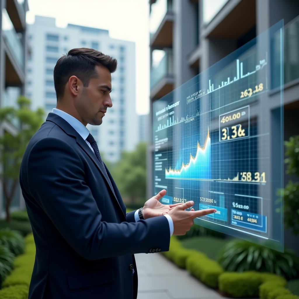 Ultra-realistic condominium manager in a navy executive suit, set in a modern luxury condominium environment with high-rise buildings and lush green landscaping, analyzing a floating holographic financial dashboard that displays cost-saving metrics, confident and focused expression, cinematic lighting, shallow depth of field, highly detailed textures, realistic skin, photographic realism, 8k resolution --ar 1:1 --v 6
