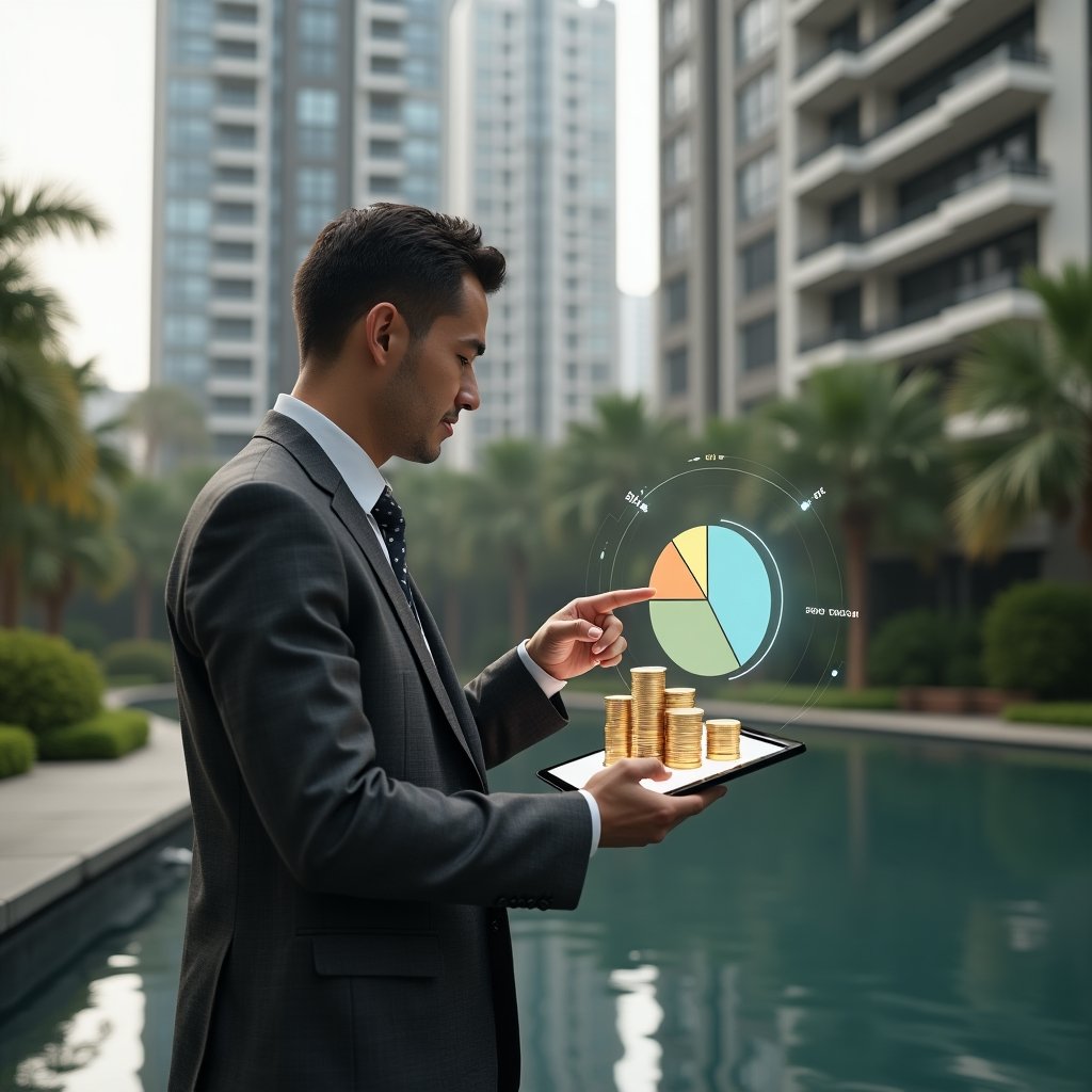 (Ultra-realistic condominium manager in a charcoal gray tailored suit, set in a modern luxury condominium environment with high-rise buildings and meticulously landscaped gardens, standing in a medium shot while holding a digital tablet displaying a holographic downward-cost graph and pointing thoughtfully at the chart, a semi-transparent pie chart and stack of coins floating beside them to symbolize cost reduction, cinematic lighting, shallow depth of field, highly detailed textures, realistic skin, photographic realism, 8k resolution --ar 1:1 --v 6)