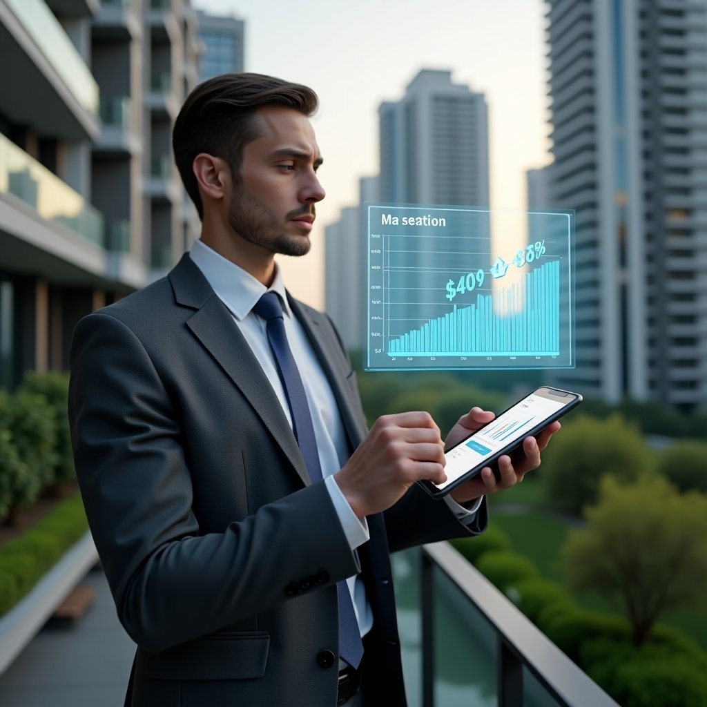 (Ultra-realistic condominium manager in a charcoal gray suit, set in a modern luxury condominium environment with high-rise buildings and manicured green landscaping, reviewing a floating holographic budget chart showing a 30% expense reduction, holding a tablet displaying financial graphs, cinematic lighting, shallow depth of field, highly detailed textures, realistic skin, photographic realism, 8k resolution --ar 1:1 --v 6)