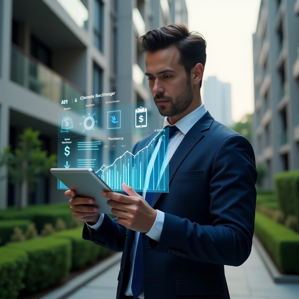 Ultra-realistic condominium manager in a navy tailored suit, set in a modern luxury condominium environment with high-rise buildings and lush green landscaping, holding a tablet displaying a holographic payment dashboard and pointing to a rising bar graph symbolizing reduced delinquency, floating icons of calendar, check marks and currency, cinematic lighting, shallow depth of field, highly detailed textures, realistic skin, photographic realism, 8k resolution --ar 1:1 --v 6