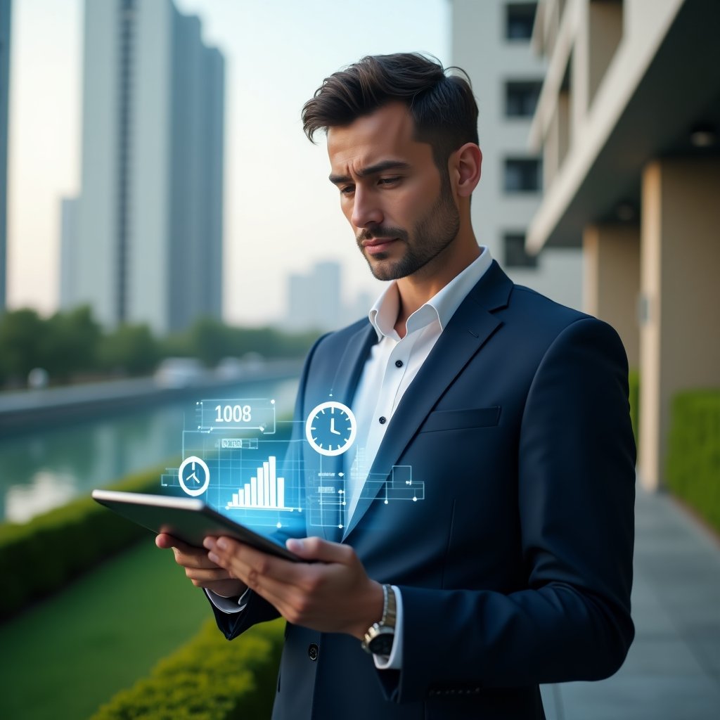 Ultra-realistic condominium manager in a navy suit, set in a modern luxury condominium environment with high-rise buildings and manicured green landscaping, holding a tablet displaying a holographic billing dashboard with automated invoices, confident and focused expression, floating holographic icons of bills and clocks symbolizing automated charges, cinematic lighting, shallow depth of field, highly detailed textures, realistic skin, photographic realism, 8k resolution --ar 1:1 --v 6