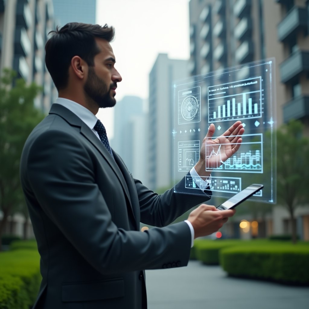 Ultra-realistic condominium manager in a charcoal gray tailored suit, set in a modern luxury condominium environment with high-rise buildings and manicured green landscaping, close-up medium shot of the manager confidently interacting with a holographic financial report projection, floating digital graphs and icons symbolizing transparency and efficiency, cinematic lighting, shallow depth of field, highly detailed textures, realistic skin, photographic realism, 8k resolution --ar 1:1 --v 6