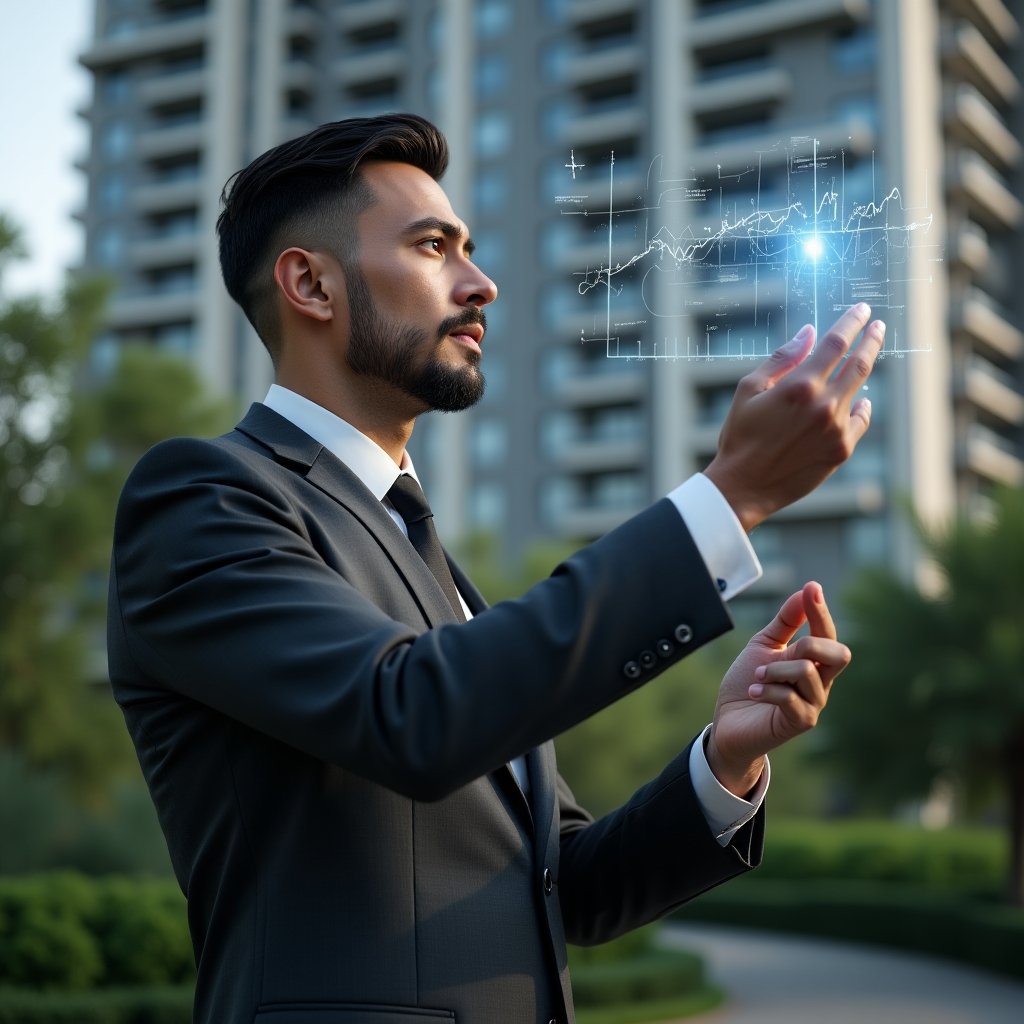 Ultra-realistic condominium manager in a dark gray executive suit, set in a modern luxury condominium environment with high-rise buildings and meticulously landscaped gardens, analyzing floating holographic financial charts and indicators with a confident, thoughtful expression, cinematic lighting, shallow depth of field, highly detailed textures, realistic skin, photographic realism, 8k resolution --ar 1:1 --v 6