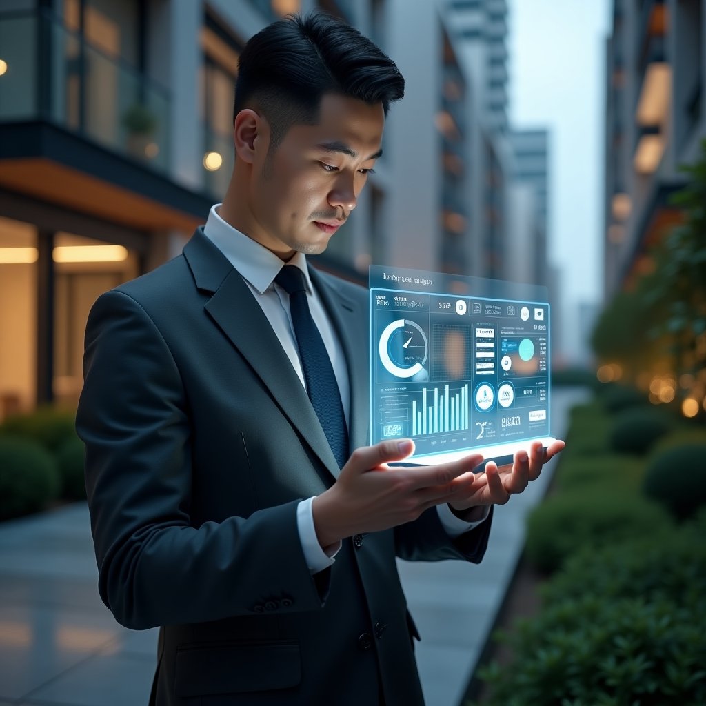 (Ultra-realistic condominium manager in a dark gray executive suit, set in a modern luxury condominium environment with high-rise buildings and landscaped gardens, holding and examining a floating holographic dashboard showing app icons and data charts, holographic interface elements representing an intuitive management app, confident and focused expression, cinematic lighting, shallow depth of field, highly detailed textures, realistic skin, photographic realism, 8k resolution --ar 1:1 --v 6)