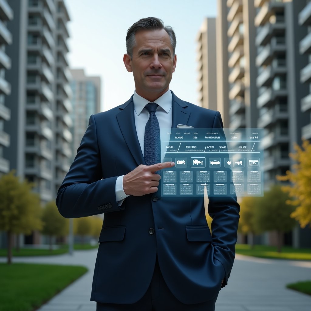 Ultra-realistic condominium manager in a tailored navy suit, set in a modern luxury condominium environment with high-rise buildings and manicured green landscaping, standing in a medium shot holding a holographic annual calendar timeline, confidently pointing at maintenance and meeting icons floating around, cinematic lighting, shallow depth of field, highly detailed textures, realistic skin, photographic realism, 8k resolution --ar 1:1 --v 6