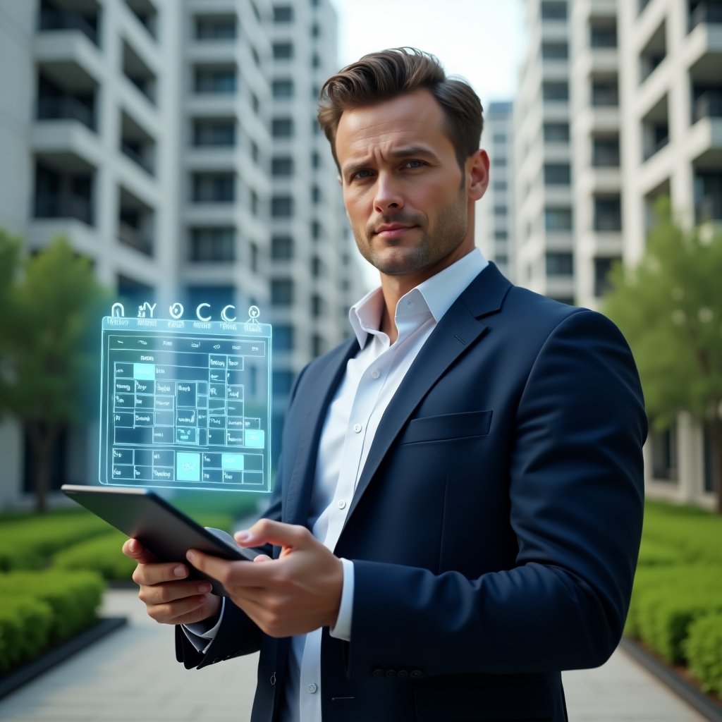 Ultra-realistic condominium manager in a navy suit, set in a modern luxury condominium environment with high-rise buildings and lush green landscaping, holding a digital tablet displaying a holographic maintenance schedule, pointing at a floating calendar timeline with wrench and clock icons, confident expression, cinematic lighting, shallow depth of field, highly detailed textures, realistic skin, photographic realism, 8k resolution --ar 1:1 --v 6