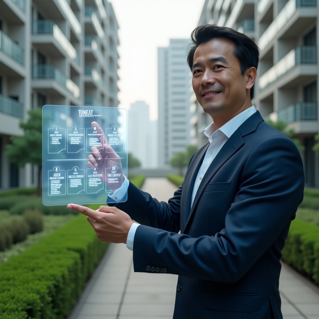 Ultra-realistic condominium manager in a tailored navy suit, set in a modern luxury condominium environment with high-rise buildings and manicured green landscaping, mid-shot, confidently pointing at a holographic annual calendar displaying maintenance, assembly and cleaning icons, cinematic lighting, shallow depth of field, highly detailed textures, realistic skin, photographic realism, 8k resolution --ar 1:1 --v 6