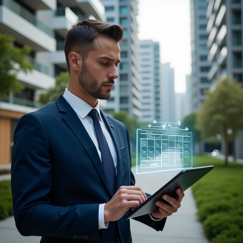 (Ultra-realistic property manager in a navy executive suit, set in a modern luxury condominium environment with high-rise buildings and lush green landscaping, holding a tablet displaying a holographic maintenance schedule, analyzing task deadlines for preventive maintenance, with floating calendar and wrench icons around the tablet, confident and focused expression, cinematic lighting, shallow depth of field, highly detailed textures, realistic skin, photographic realism, 8k resolution --ar 1:1 --v 6)