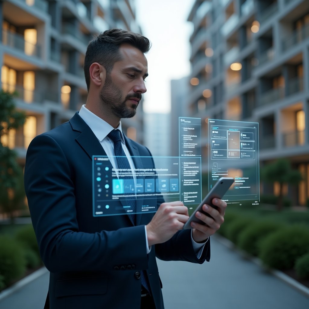 Ultra-realistic condominium manager in a dark blue suit, set in a modern luxury condominium environment with high-rise buildings and green landscaping, reviewing a holographic activity schedule, with floating checklist icons and calendar graphics, confident and focused expression, cinematic lighting, shallow depth of field, highly detailed textures, realistic skin, photographic realism, 8k resolution --ar 1:1 --v 6