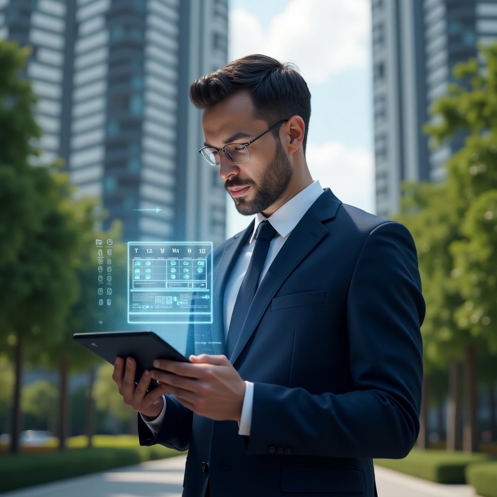 Ultra-realistic condominium manager in a dark blue executive suit, set in a modern luxury condominium environment with high-rise buildings and lush green landscaping, holding a digital tablet displaying a holographic calendar schedule, reviewing tasks with a focused and confident expression, floating timeline icons and checklist holograms around, cinematic lighting, shallow depth of field, highly detailed textures, realistic skin, photographic realism, 8k resolution --ar 1:1 --v 6