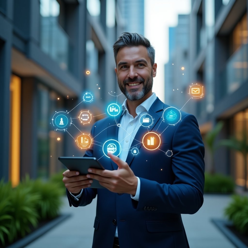 Ultra-realistic condo manager in a dark blue suit, set in a modern luxury condominium environment with high-rise buildings and manicured green landscaping, holding a tablet displaying colorful holographic icons representing access control, area booking, finance, communication and analytics, confidently pointing at the floating interface, futuristic holograms surrounding them, cinematic lighting, shallow depth of field, highly detailed textures, realistic skin, photographic realism, 8k resolution --ar 1:1 --v 6