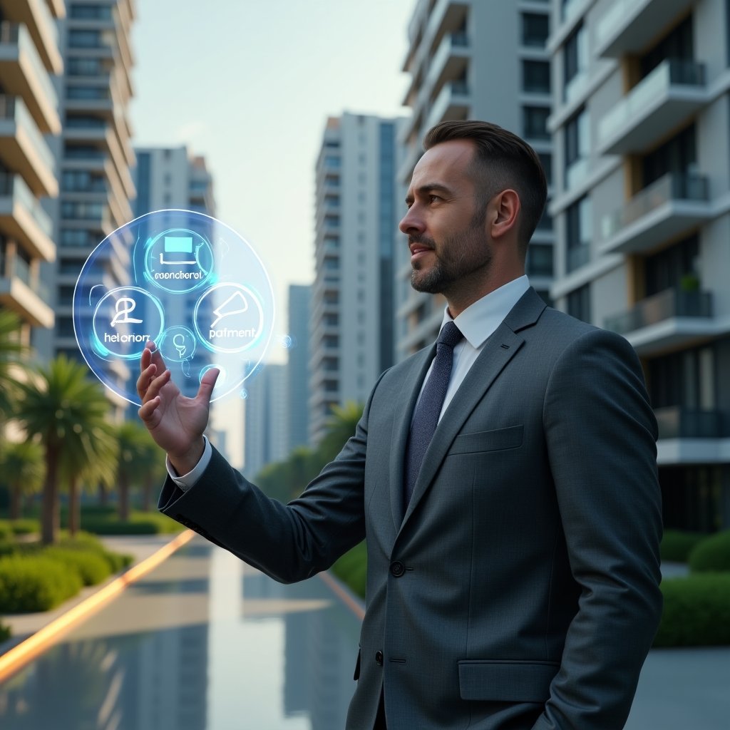 (Ultra-realistic condominium manager in a charcoal gray suit, set in a modern luxury condominium environment with high-rise buildings and manicured green landscaping, confidently interacting with a holographic interface displaying payment reminder icons, chat bubbles, and automation gears, cinematic lighting, shallow depth of field, highly detailed textures, realistic skin, photographic realism, 8k resolution --ar 1:1 --v 6)