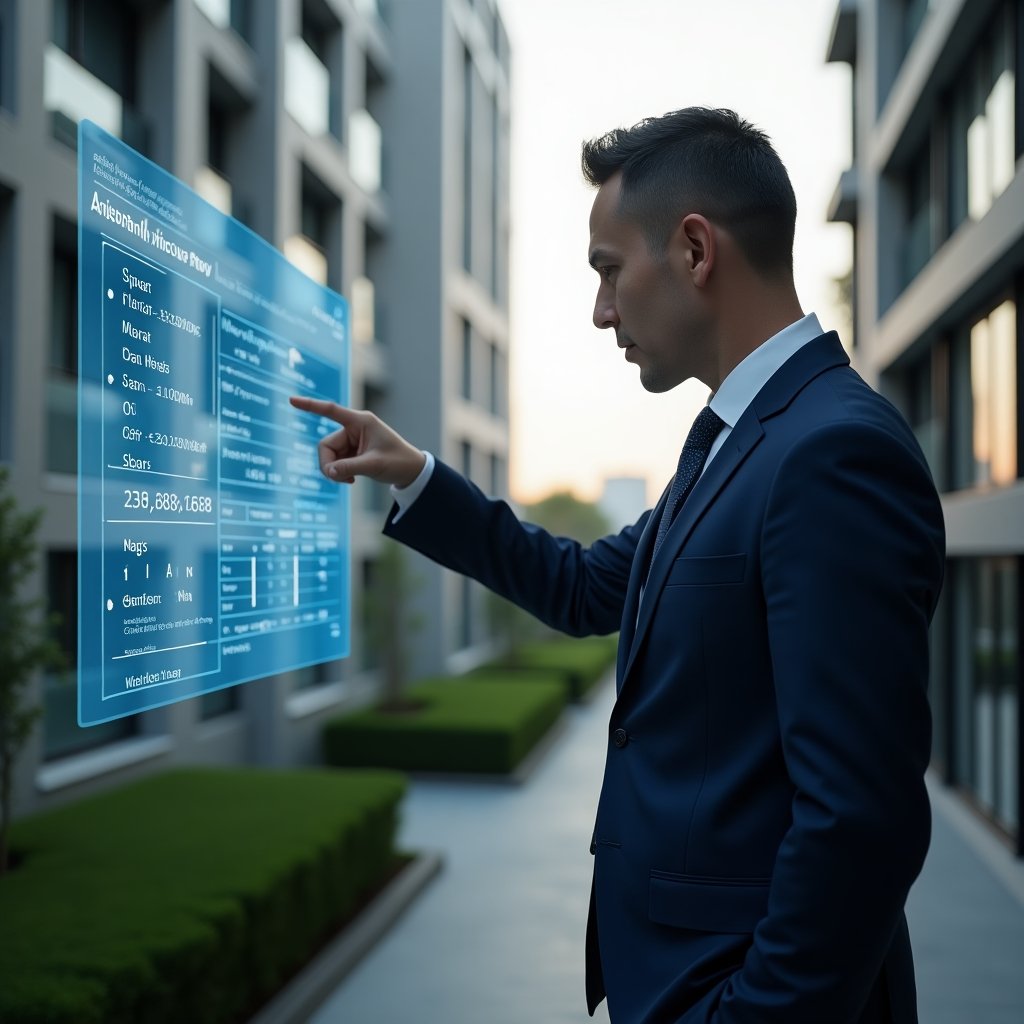 Ultra-realistic condominium manager in a navy blue tailored suit, set in a modern luxury condominium environment with high-rise buildings and manicured green landscaping, medium shot, confidently reviewing and pointing at a holographic financial chart displaying budget breakdowns and assembly quorum indicators, cinematic lighting, shallow depth of field, highly detailed textures, realistic skin, photographic realism, 8k resolution --ar 1:1 --v 6