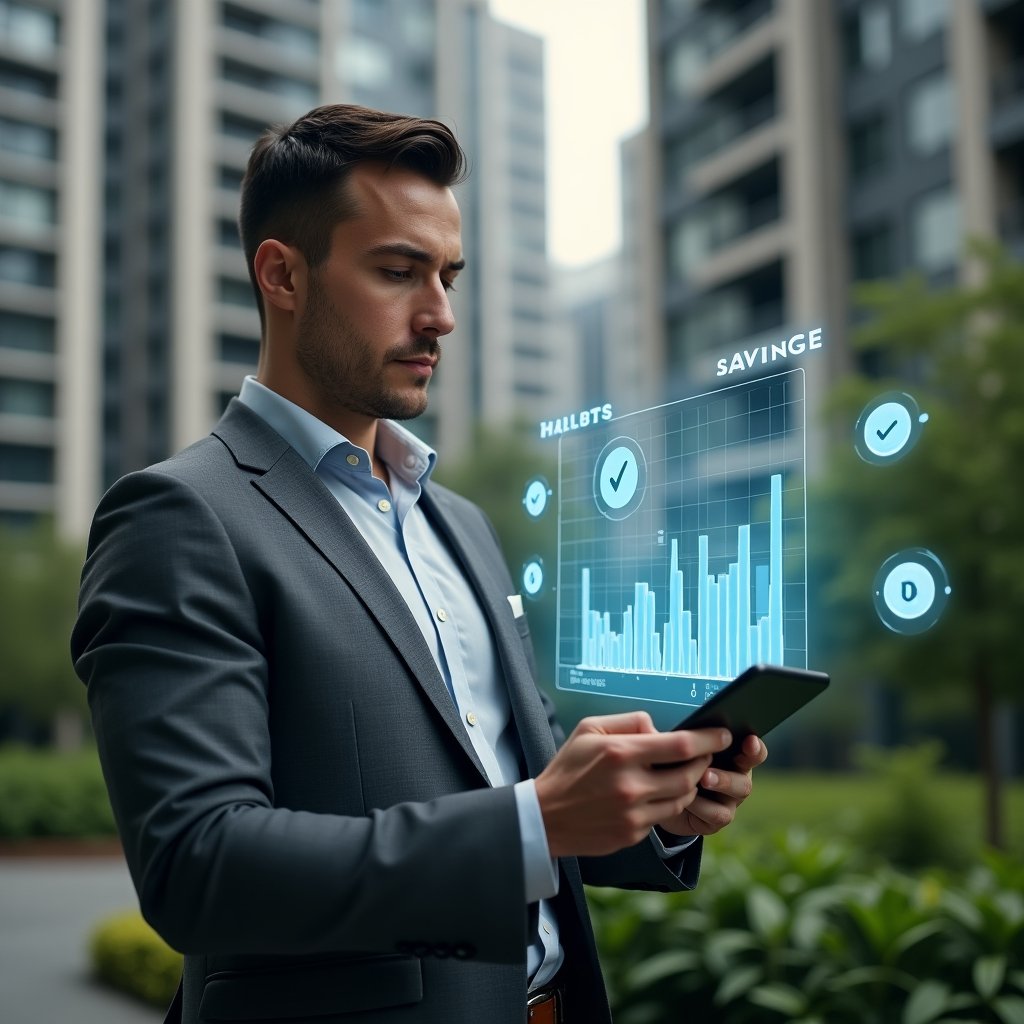 Ultra-realistic condominium manager in a charcoal gray tailored suit, set in a modern luxury condominium environment with high-rise buildings and lush green landscaping, reviewing a holographic budget chart projected from a tablet with confident analytical expression, floating icons of coins and savings graphs around him, cinematic lighting, shallow depth of field, highly detailed textures, realistic skin, photographic realism, 8k resolution --ar 1:1 --v 6
