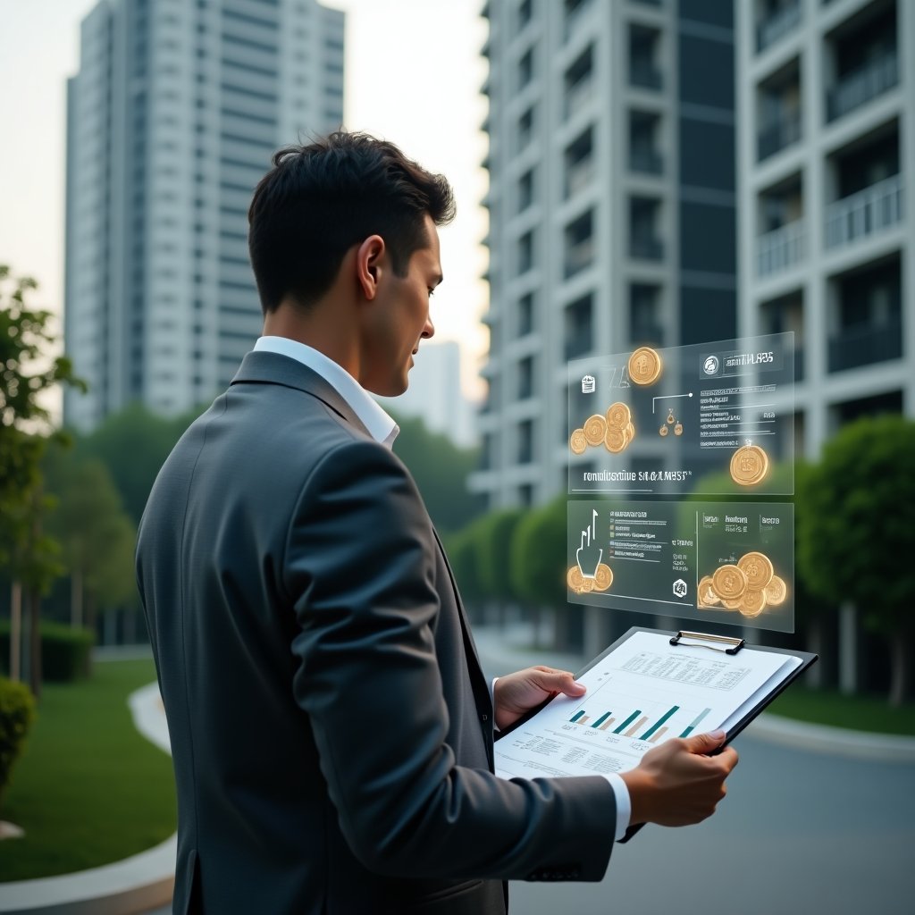 (Ultra-realistic condominium manager in a charcoal gray suit, set in a modern luxury condominium environment with high-rise buildings and green landscaping, examining holographic financial charts that contrast routine maintenance costs and emergency repair expenses, floating icons of coins and tools hovering beside a transparent clipboard, cinematic lighting, shallow depth of field, highly detailed textures, realistic skin, photographic realism, 8k resolution --ar 1:1 --v 6)