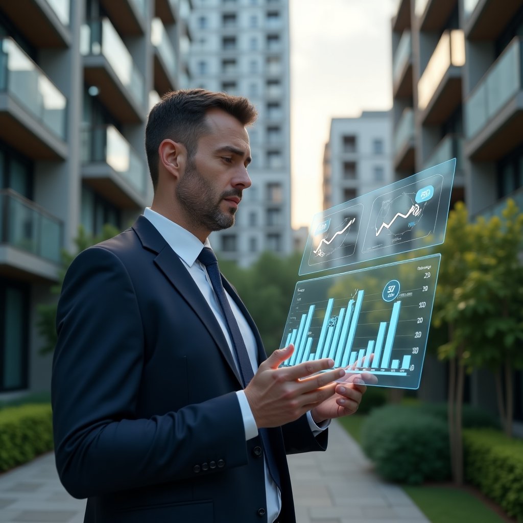 Ultra-realistic property manager in a navy suit, set in a modern luxury condominium environment with high-rise buildings and manicured greenery, midshot of a thoughtful manager examining holographic financial charts contrasting ordinary vs extraordinary expenses, floating icons of coins and repair tools beside budget graphs, confident and focused expression, cinematic lighting, shallow depth of field, highly detailed textures, realistic skin, photographic realism, 8k resolution --ar 1:1 --v 6