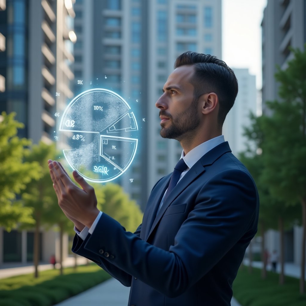 (Ultra-realistic condominium manager in a navy blue executive suit, set in a modern luxury condominium environment with high-rise buildings and manicured green landscaping, analyzing a floating holographic pie chart and building floorplan overlay to calculate ideal fractions, confident and thoughtful expression, holographic icons of percentage symbols and architectural blueprints, cinematic lighting, shallow depth of field, highly detailed textures, realistic skin, photographic realism, 8k resolution --ar 1:1 --v 6)