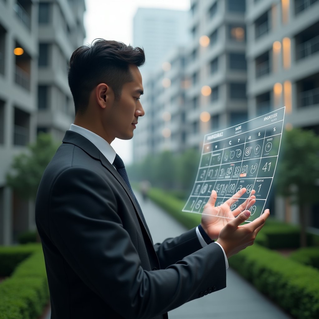 (Ultra-realistic condominium manager in a dark gray suit, set in a modern luxury condominium environment with high-rise buildings and manicured green landscaping, reviewing a floating holographic calendar with deadline icons and warning symbols, thoughtful expression, cinematic lighting, shallow depth of field, highly detailed textures, realistic skin, photographic realism, 8k resolution --ar 1:1 --v 6)