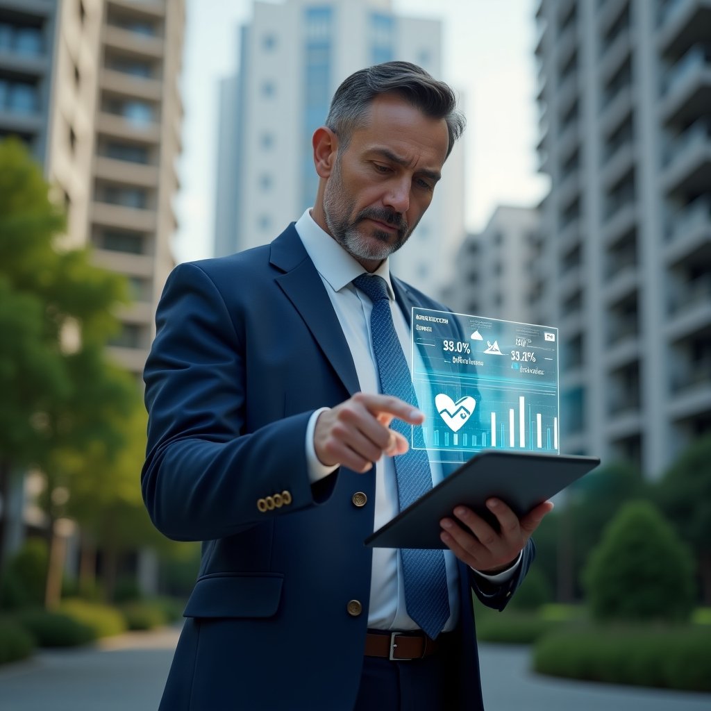 Ultra-realistic condominium manager in a navy blue executive suit, set in a modern luxury condominium environment with high-rise buildings and lush green landscaping, reviewing holographic financial charts and pointing at a floating 3D compliance checklist, serious and focused expression, cinematic lighting, shallow depth of field, highly detailed textures, realistic skin, photographic realism, 8k resolution --ar 1:1 --v 6