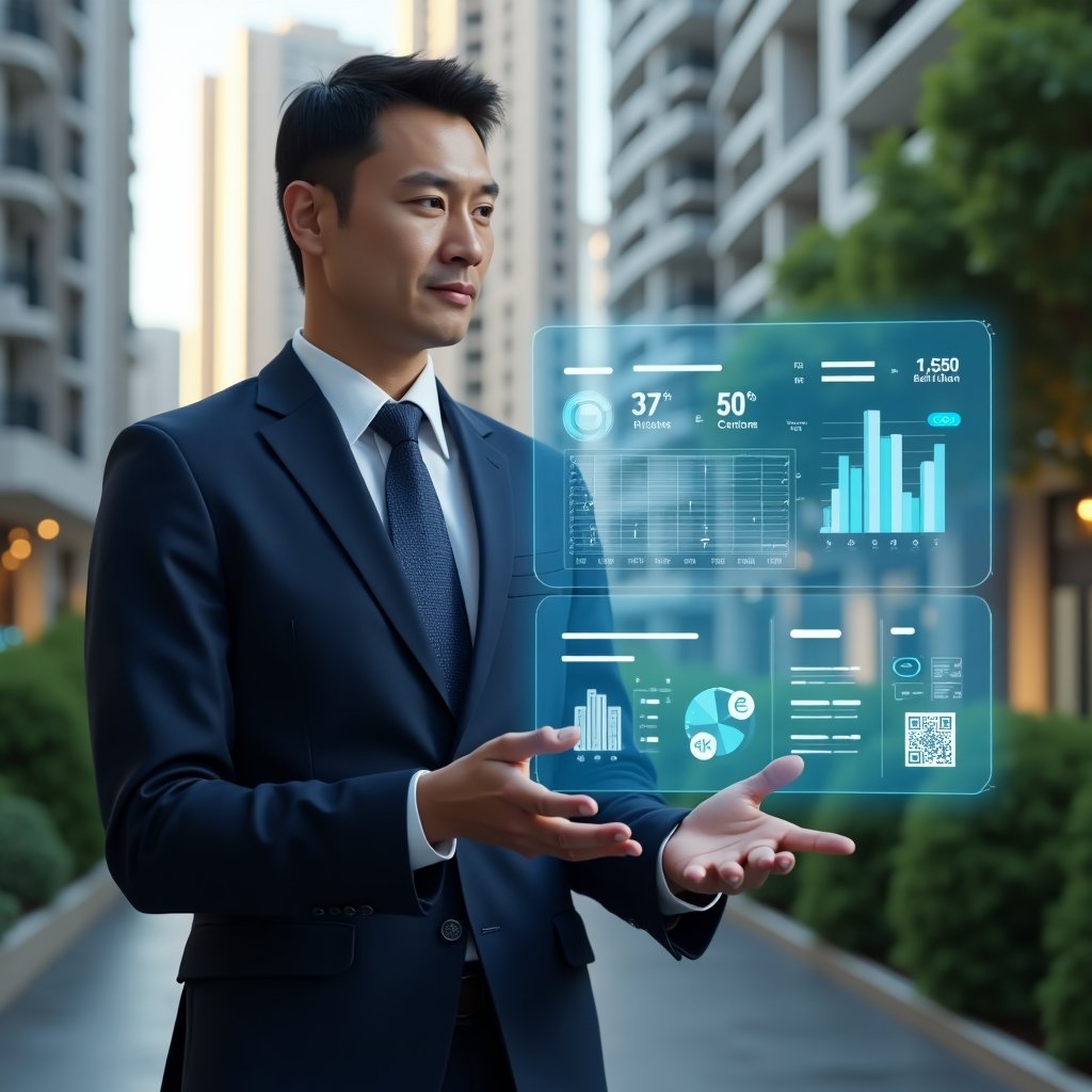 Ultra-realistic condominium manager in a navy executive suit, set in a modern luxury condominium environment with high-rise buildings and green landscaping, confidently interacting with a floating holographic dashboard showing financial charts, calendar bookings, chat icons and QR code, cinematic lighting, shallow depth of field, highly detailed textures, realistic skin, photographic realism, 8k resolution --ar 1:1 --v 6