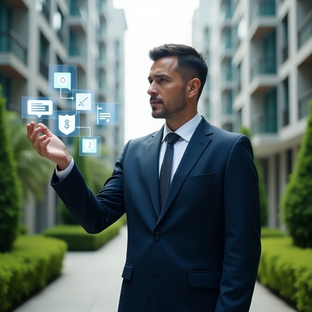 Ultra-realistic condominium manager in a tailored navy suit, set in a modern luxury condominium environment with high-rise buildings and lush green landscaping, mid shot, confidently interacting with floating holographic icons representing communication, finance and security functions (chat bubbles, dollar sign, shield), cinematic lighting, shallow depth of field, highly detailed textures, realistic skin, photographic realism, 8k resolution --ar 1:1 --v 6
